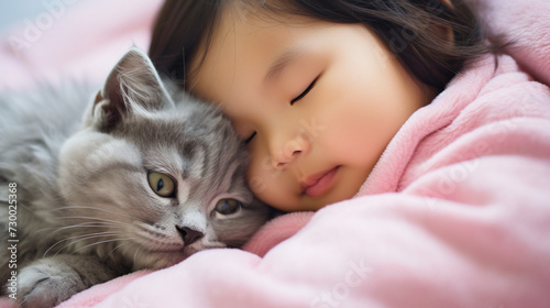 Small Asian child lies on a bed with a cat. Kitten and baby childhood friendship. Baby and cat. Child and Kitten lying together on the bed