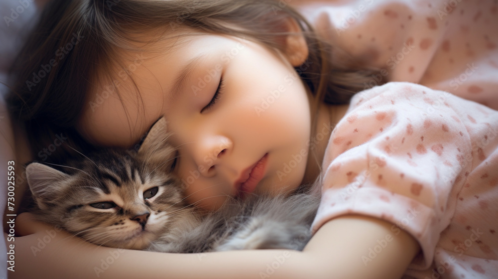 Small Asian child lies on a bed with a cat. Kitten and baby childhood friendship. Baby and cat. Child and Kitten lying together on the bed Small Asian child lies on a bed with a cat. Kitten and baby childhood friendship. Baby and cat. Child and Kitten lying together on the bed