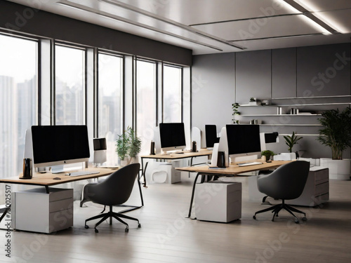 photo modern office space with desktops with modern computers created with generative ai technology