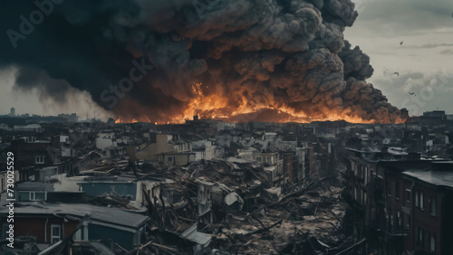  city with a lot of buildings and a huge black smoke  destroyed structures