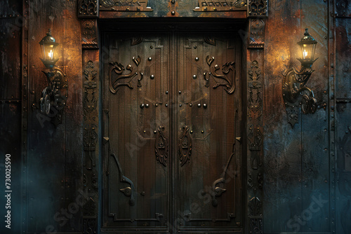 A large wooden door is set into a stone wall. Door is secured with metal hinges and a latch with built-in wall lights
