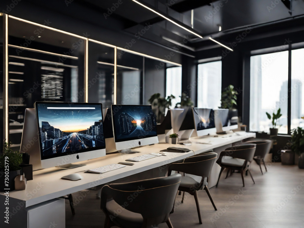photo modern office space with desktops with modern computers created with generative ai technology photo modern office space with desktops with modern computers created with generative ai technology