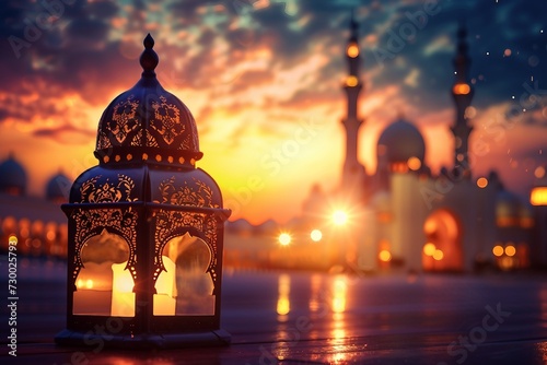 Serene Ramadan: Greeting with a Tranquil Mosque Background. Ramadan Mubarak © Usmanify