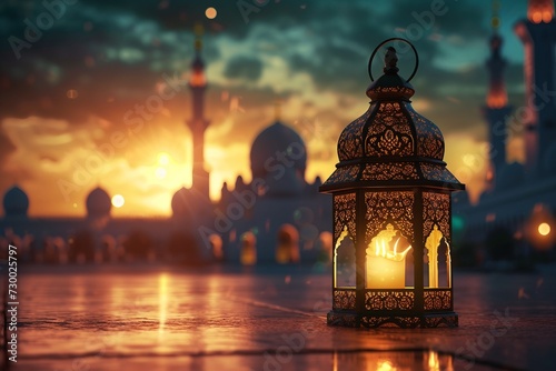 Serene Ramadan: Greeting with a Tranquil Mosque Background. Ramadan Mubarak © Usmanify