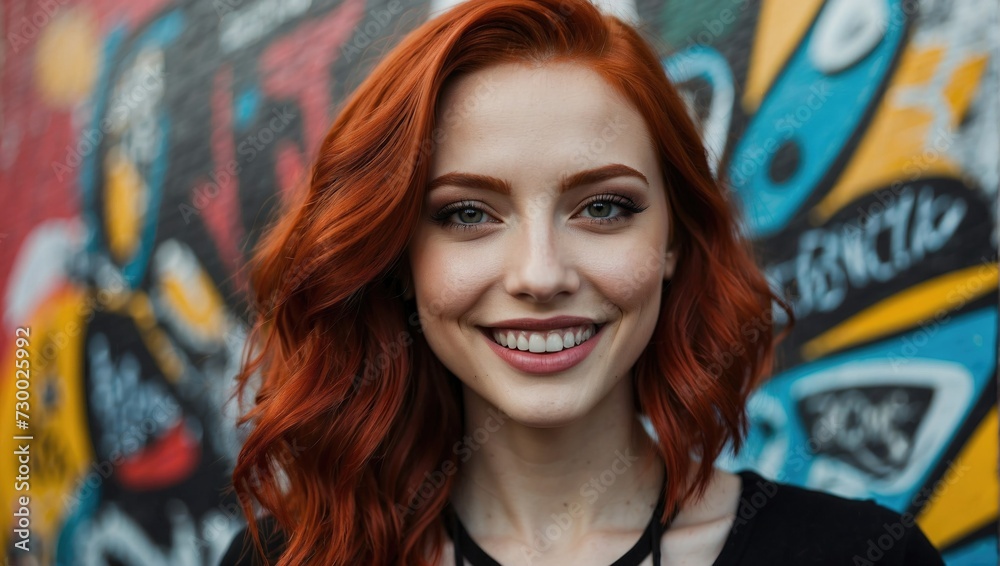 Close-up selfie of a young gothic woman with striking red hair and a cheerful smile, posing in front of a colorful graffiti wall. Close-up selfie of a young gothic woman with striking red hair and a cheerful smile, posing in front of a colorful graffiti wall.