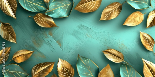 Gold and Green Leaf Art Pattern with a Turquoise Background - Seamless Pattern Light Green and Light Aquamarine Smooth Lines Decorative Luxurious Wall Hangings created with Generative AI Technology photo