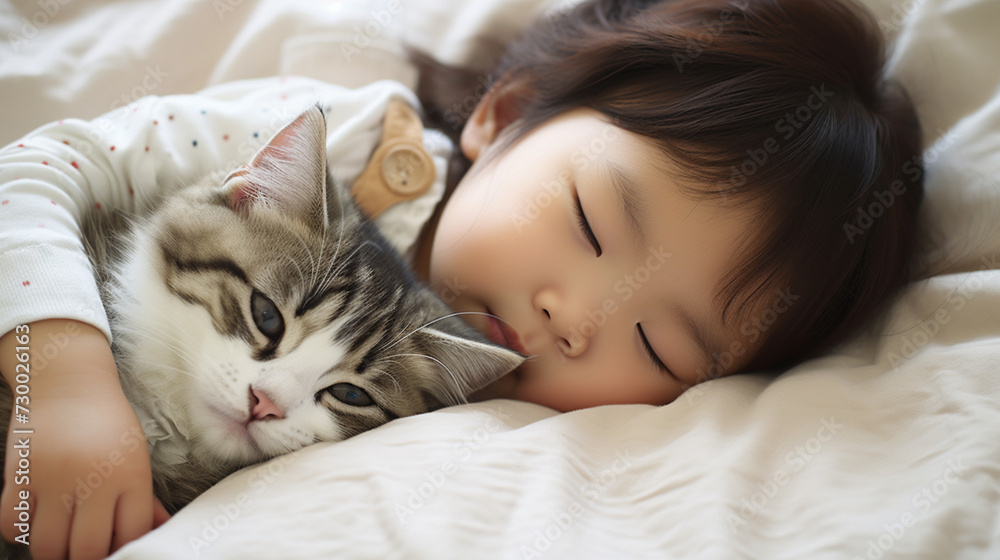 Small Asian child lies on a bed with a cat. Kitten and baby childhood friendship. Baby and cat. Child and Kitten lying together on the bed Small Asian child lies on a bed with a cat. Kitten and baby childhood friendship. Baby and cat. Child and Kitten lying together on the bed