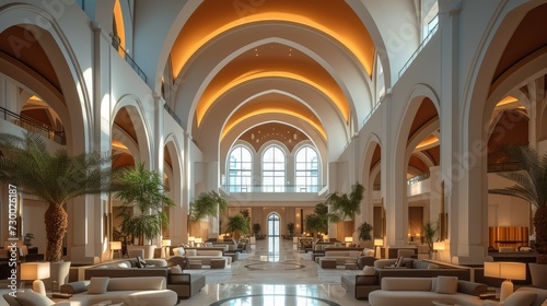 A hotel lobby interior inspired by modern tall arches. Generative AI.