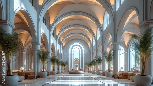 A hotel lobby interior inspired by modern tall arches. Generative AI.