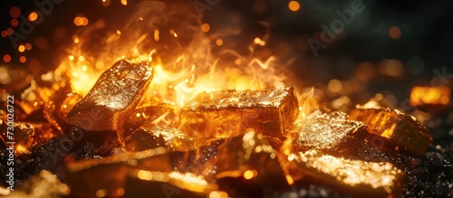 Gold mining industry. Melting metal to create gold ingots. Fire during gold bar manufacturing. Metallurgy technology. Creating golden bars. Valuable for businesses. © 2rogan