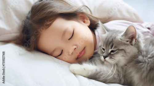 Small Asian child lies on a bed with a cat. Kitten and baby childhood friendship. Baby and cat. Child and Kitten lying together on the bed