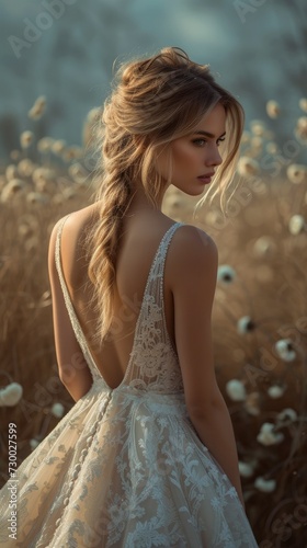 A bride in beautiful dress, Beautiful Bride Fashion portrait in wedding luxury dress. Generative AI. © visoot