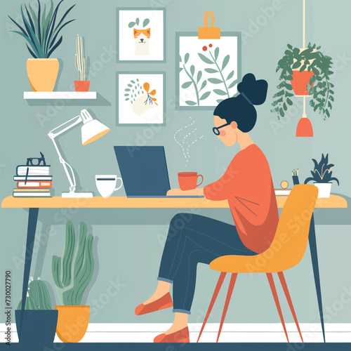 Home office concept. Woman working. © Vector