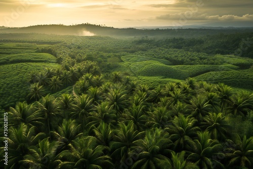 green plantation of palm oil overtaking the rainforest