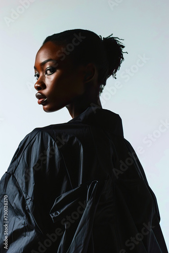 Beautiful black woman in a black shirt stands against a white wall, vertical photo