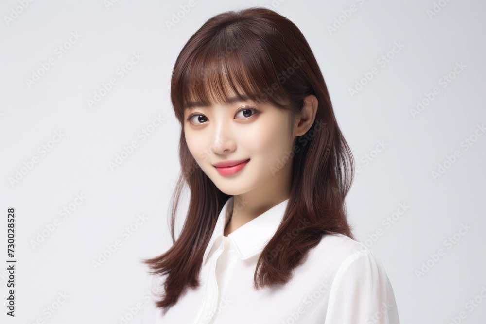 Charming Asian Employee, In a striking portrait, a young Asian businesswoman emanates elegance and professionalism against a simple white background. Generative AI. Charming Asian Employee, In a striking portrait, a young Asian businesswoman emanates elegance and professionalism against a simple white background. Generative AI.