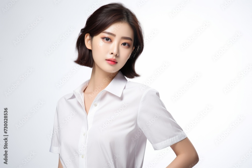 Charming Asian Employee, In a striking portrait, a young Asian businesswoman emanates elegance and professionalism against a simple white background. Generative AI. Charming Asian Employee, In a striking portrait, a young Asian businesswoman emanates elegance and professionalism against a simple white background. Generative AI.
