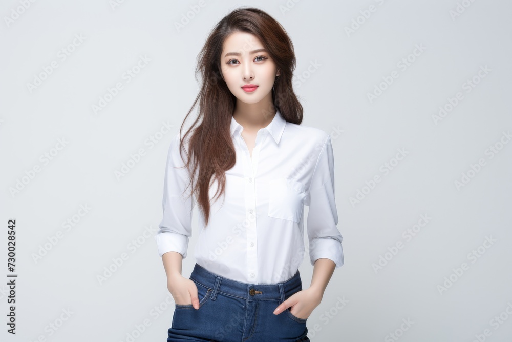 Charming Asian Employee, In a striking portrait, a young Asian businesswoman emanates elegance and professionalism against a simple white background. Generative AI. Charming Asian Employee, In a striking portrait, a young Asian businesswoman emanates elegance and professionalism against a simple white background. Generative AI.