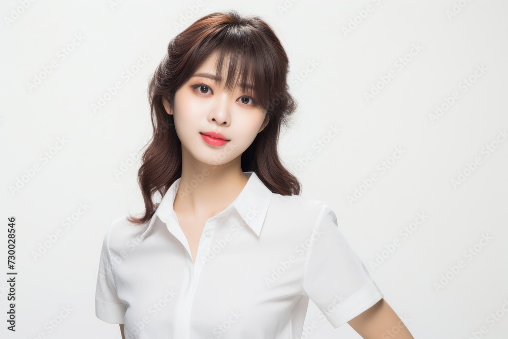 Charming Asian Employee, In a striking portrait, a young Asian businesswoman emanates elegance and professionalism against a simple white background. Generative AI. Charming Asian Employee, In a striking portrait, a young Asian businesswoman emanates elegance and professionalism against a simple white background. Generative AI.