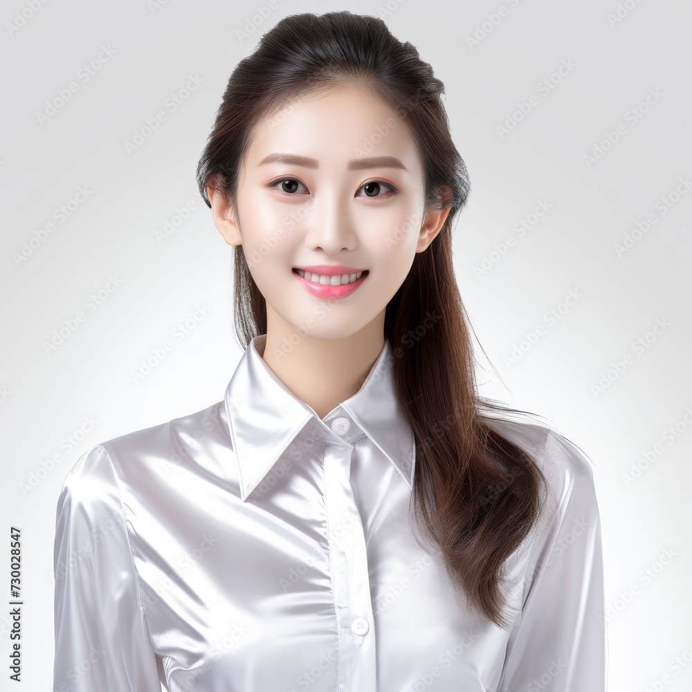 Charming Asian Employee, In a striking portrait, a young Asian businesswoman emanates elegance and professionalism against a simple white background. Generative AI. Charming Asian Employee, In a striking portrait, a young Asian businesswoman emanates elegance and professionalism against a simple white background. Generative AI.
