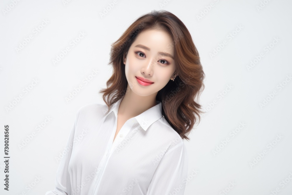 Charming Asian Employee, In a striking portrait, a young Asian businesswoman emanates elegance and professionalism against a simple white background. Generative AI. Charming Asian Employee, In a striking portrait, a young Asian businesswoman emanates elegance and professionalism against a simple white background. Generative AI.
