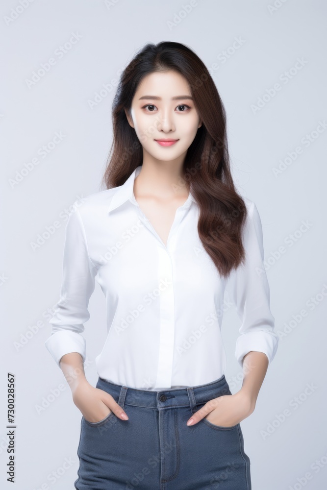 Charming Asian Employee, In a striking portrait, a young Asian businesswoman emanates elegance and professionalism against a simple white background. Generative AI. Charming Asian Employee, In a striking portrait, a young Asian businesswoman emanates elegance and professionalism against a simple white background. Generative AI.