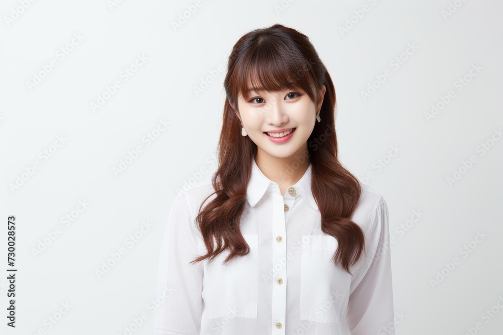 Charming Asian Employee, In a striking portrait, a young Asian businesswoman emanates elegance and professionalism against a simple white background. Generative AI. Charming Asian Employee, In a striking portrait, a young Asian businesswoman emanates elegance and professionalism against a simple white background. Generative AI.
