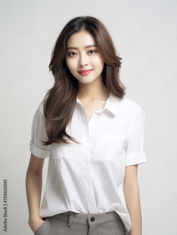 Charming Asian Employee, In a striking portrait, a young Asian businesswoman emanates elegance and professionalism against a simple white background. Generative AI. Charming Asian Employee, In a striking portrait, a young Asian businesswoman emanates elegance and professionalism against a simple white background. Generative AI.