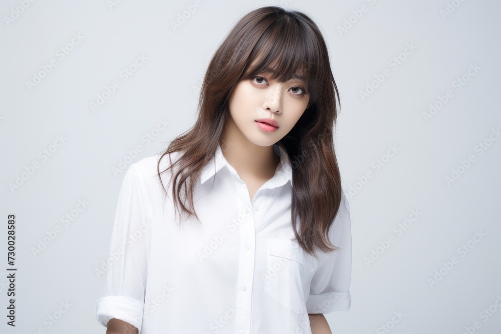 Charming Asian Employee, In a striking portrait, a young Asian businesswoman emanates elegance and professionalism against a simple white background. Generative AI. Charming Asian Employee, In a striking portrait, a young Asian businesswoman emanates elegance and professionalism against a simple white background. Generative AI.