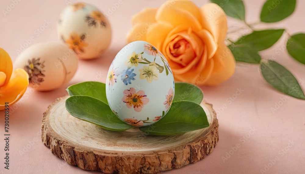 Easter eggs surrounded by green leaves and small flowers on peach surface, symbolizing spring renewal.