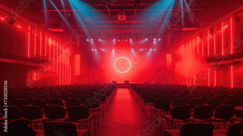 The lighting stage of a conference in a red color. Generative AI.