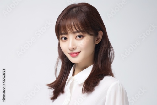 Charming Asian Employee, In a striking portrait, a young Asian businesswoman emanates elegance and professionalism against a simple white background. Generative AI. © Surachetsh