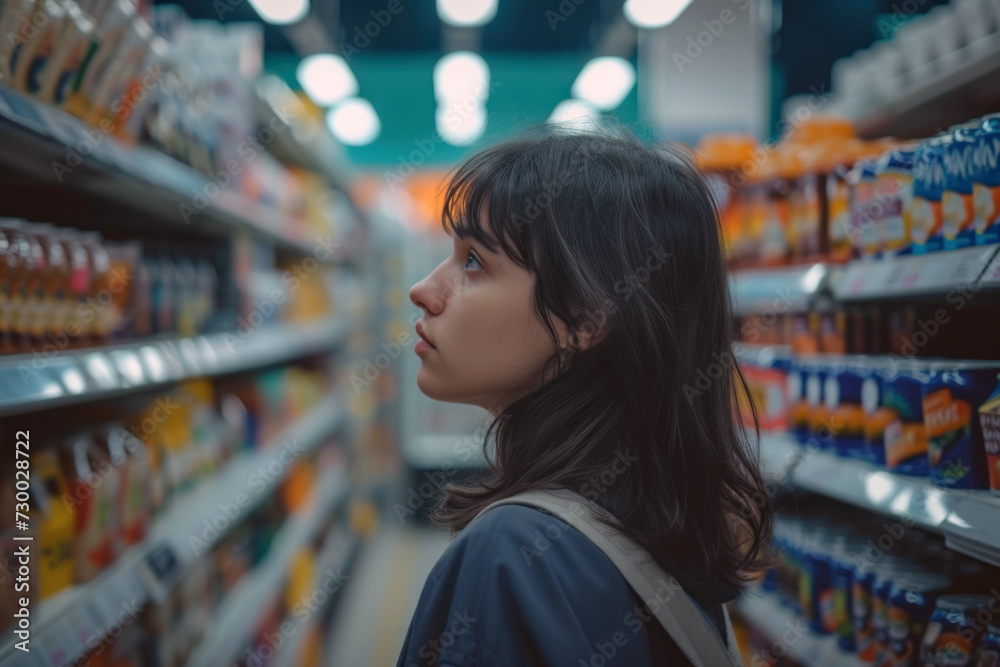 A young woman stands in a supermarket looking at the products on the shelves. A girl in a dark jacket with a backpack is choosing a product A young woman stands in a supermarket looking at the products on the shelves. A girl in a dark jacket with a backpack is choosing a product