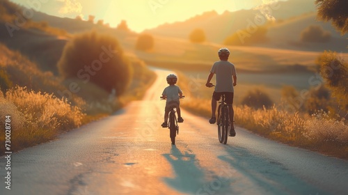 A father and son riding bicycles on country road. Generative AI. © visoot