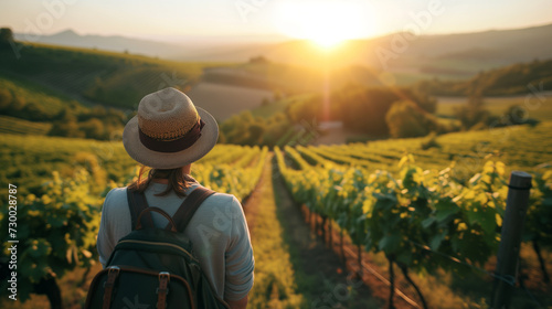 Explorer with backpack enjoying the sunset in vineyards.