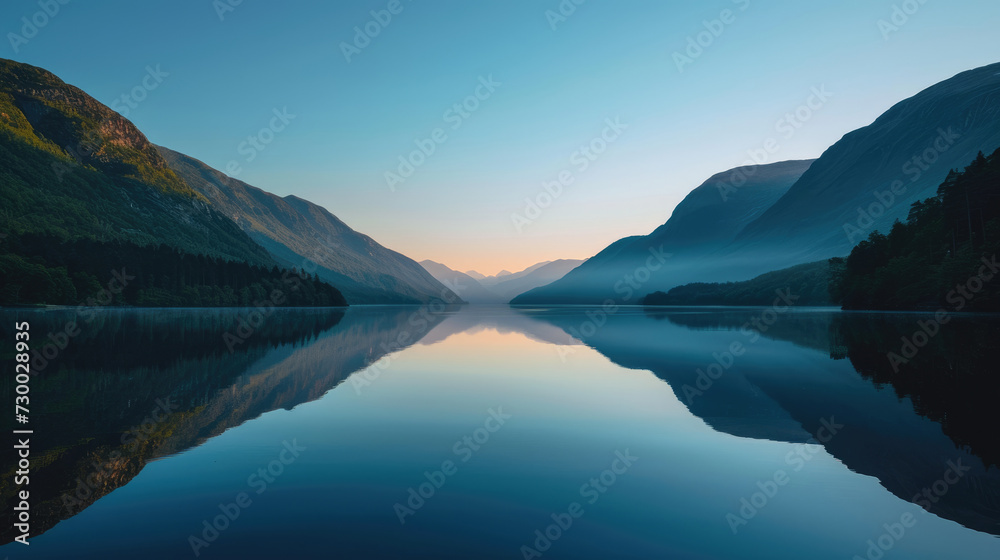 Reflection of majestic mountains on a calm lake in the morning under a blue sky