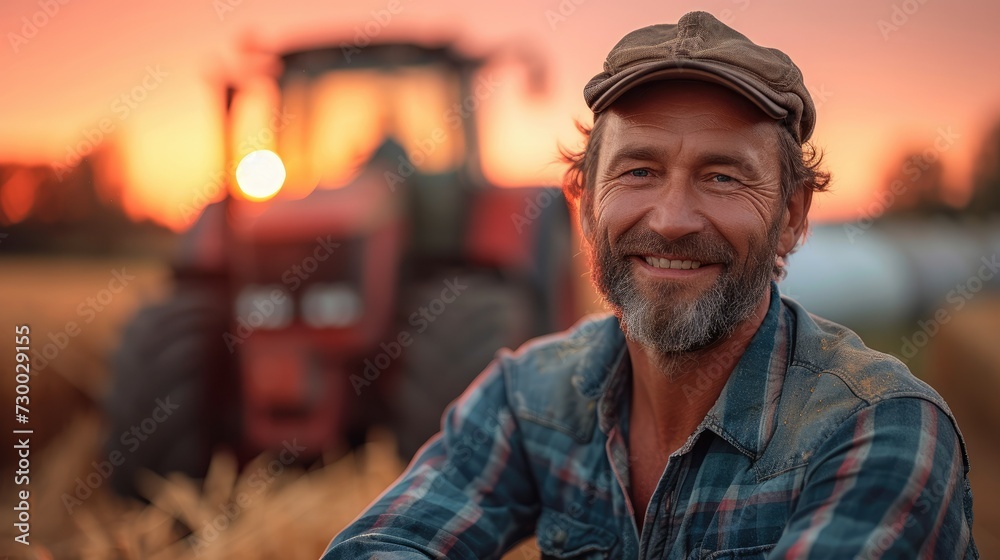 A happy farmer standing in front of a tractor in field at sunset. Generative AI.