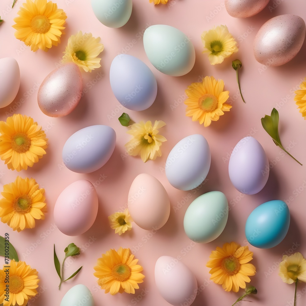 easter eggs and flowers. top view. flat layout style. minimalist pastel background with copy space