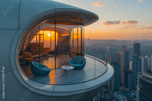 AI-generated illustration of a modern library with a balcony against the cityscape at dusk photo