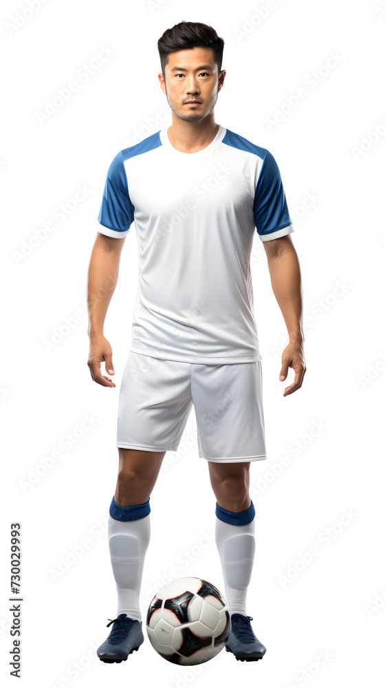 Young Asian soccer player wearing white soccer kit, footballer, player, athlete, sportsman isolated on white background