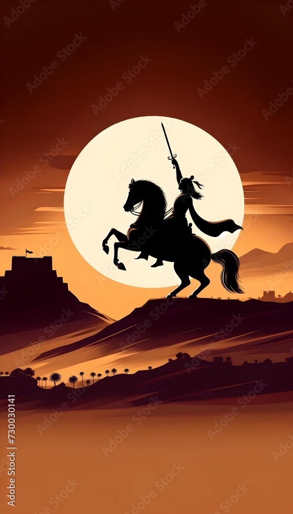 Illustration of the silhouette of a shivaji maharaj on horseback with a sword.