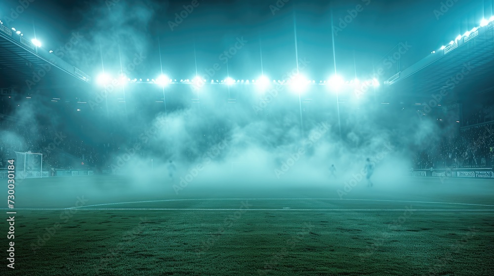 A high-energy snapshot of a soccer game in full swing with a dense fog creating a mystical ambiance, and fans roaring in excitement. Generative AI.