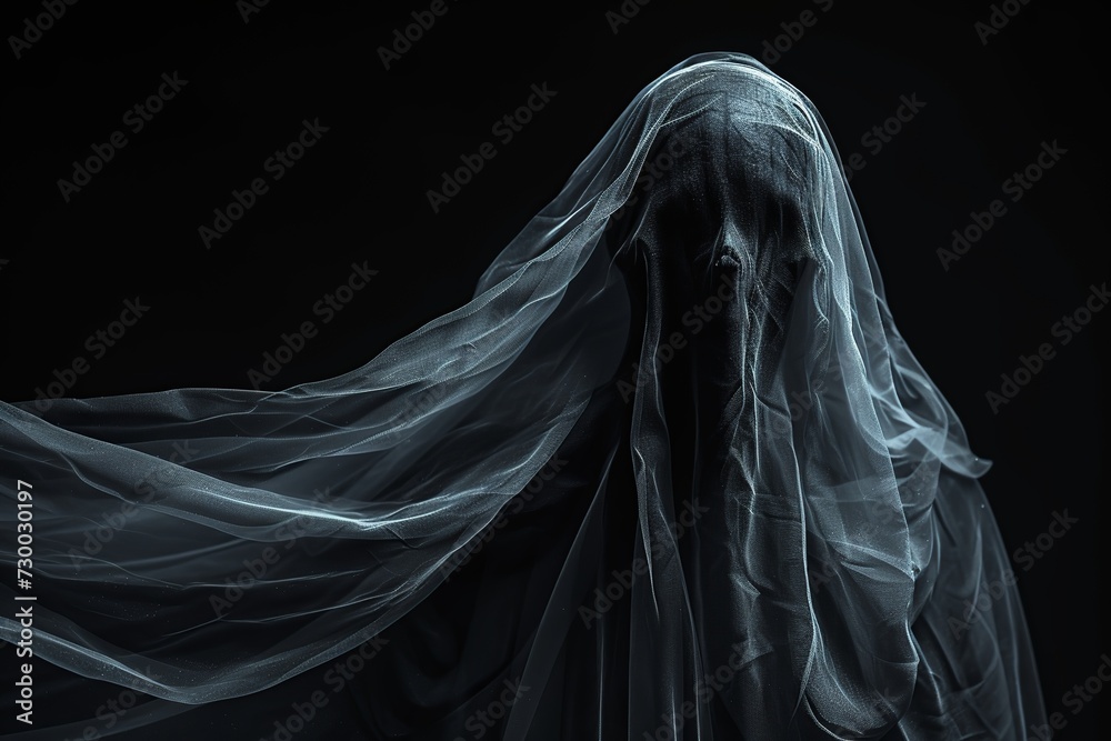 Skeleton ghost, phantom silhouette isolated on black background. Halloween spooky monster, scary spirit or poltergeist flying in night.