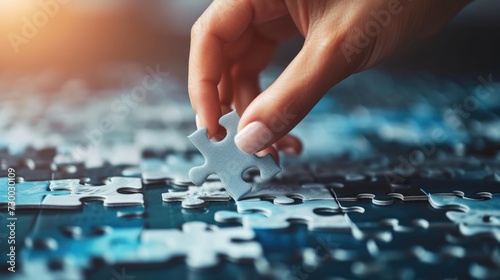 Success and strategy business concept, Close-up hands of woman connecting jigsaw puzzle.