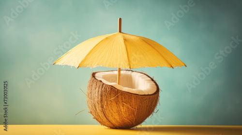 Tropical beach concept. Coconut fruit and sun umbrella. Creative summer idea
