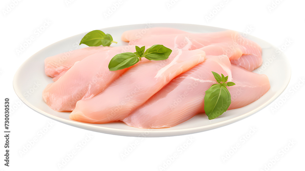 Raw chicken fillet, chicken pieces in white plate, chicken, meat isolated on white background