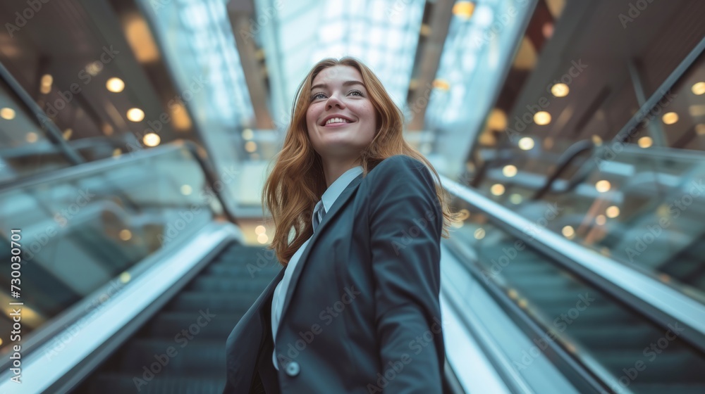 Fototapeta premium Smiling young business woman wearing suit standing on urban escalator