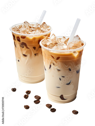 Glass of cold coffee with cream and ice isolated, transparent PNG background