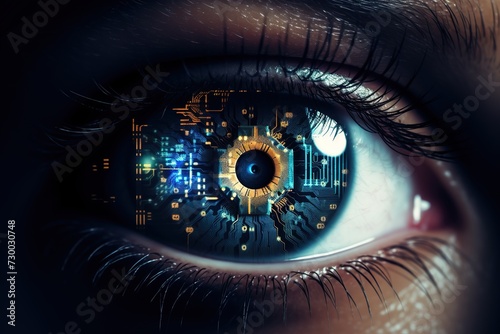 Close Up View of a Human Eye With Embedded Futuristic Technology Circuitry