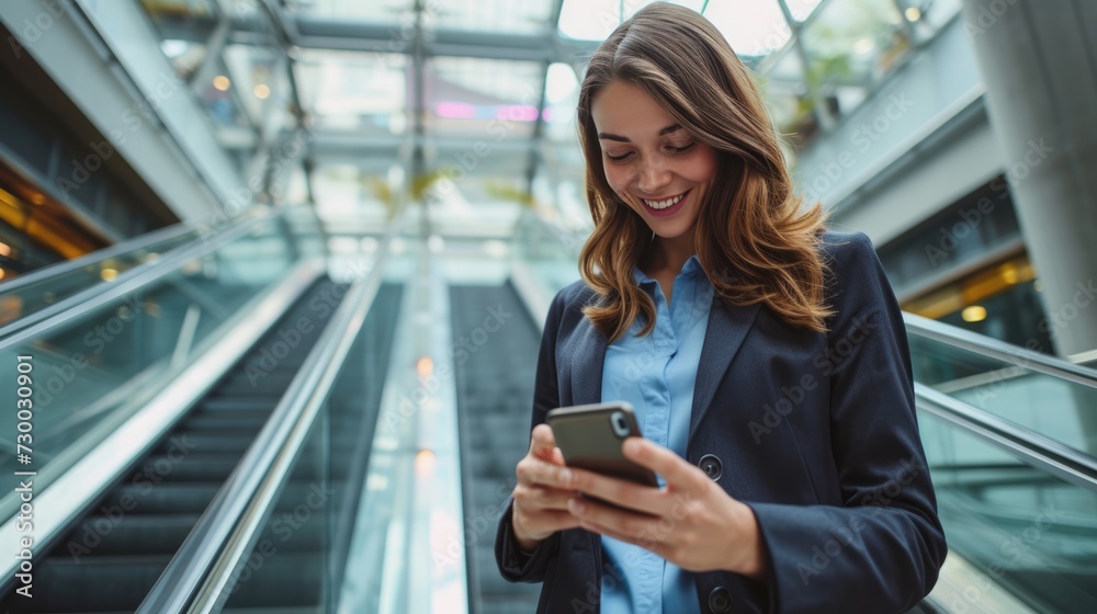 Smiling young business woman wearing suit standing on urban escalator Smiling young business woman wearing suit standing on urban escalator